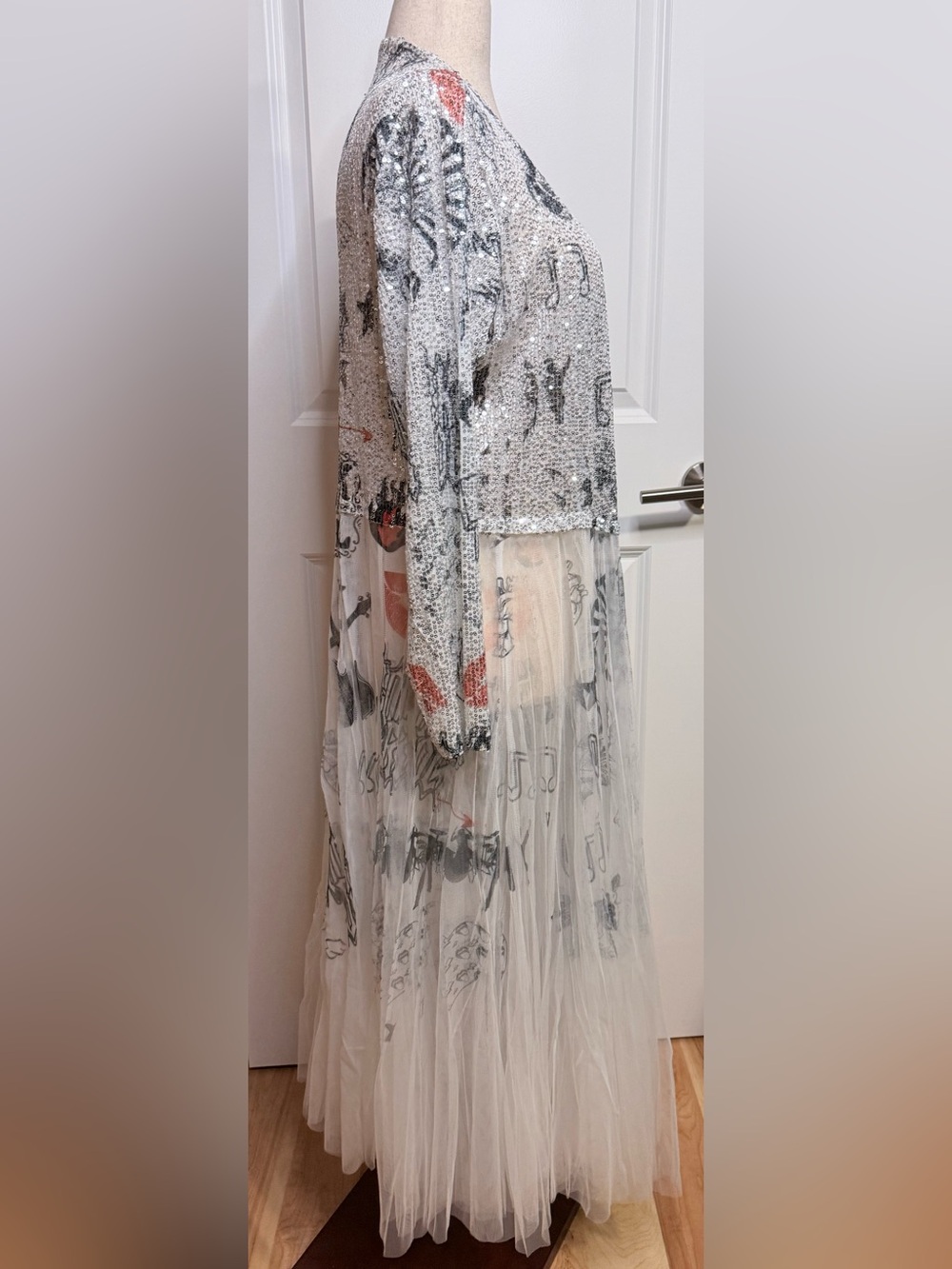 🆕 Origami Designer Rock & Roll White Silver Red Sequin SheerTulle Long Duster - Picture 3 of 10